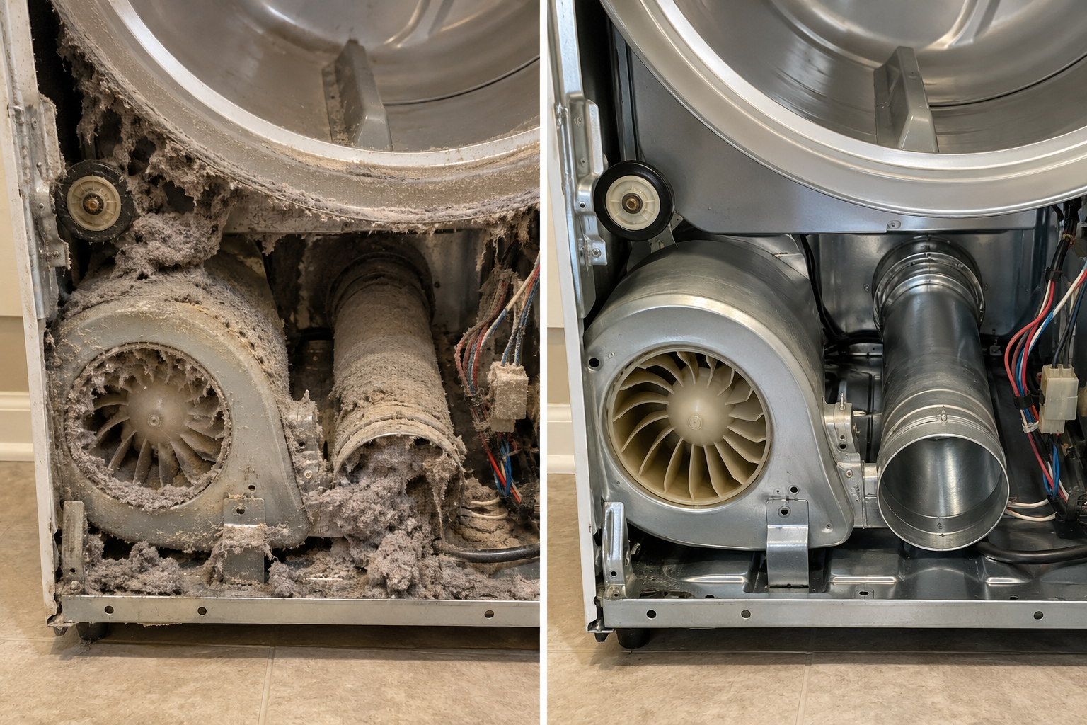 Dryer interior before and after professional lint cleaning