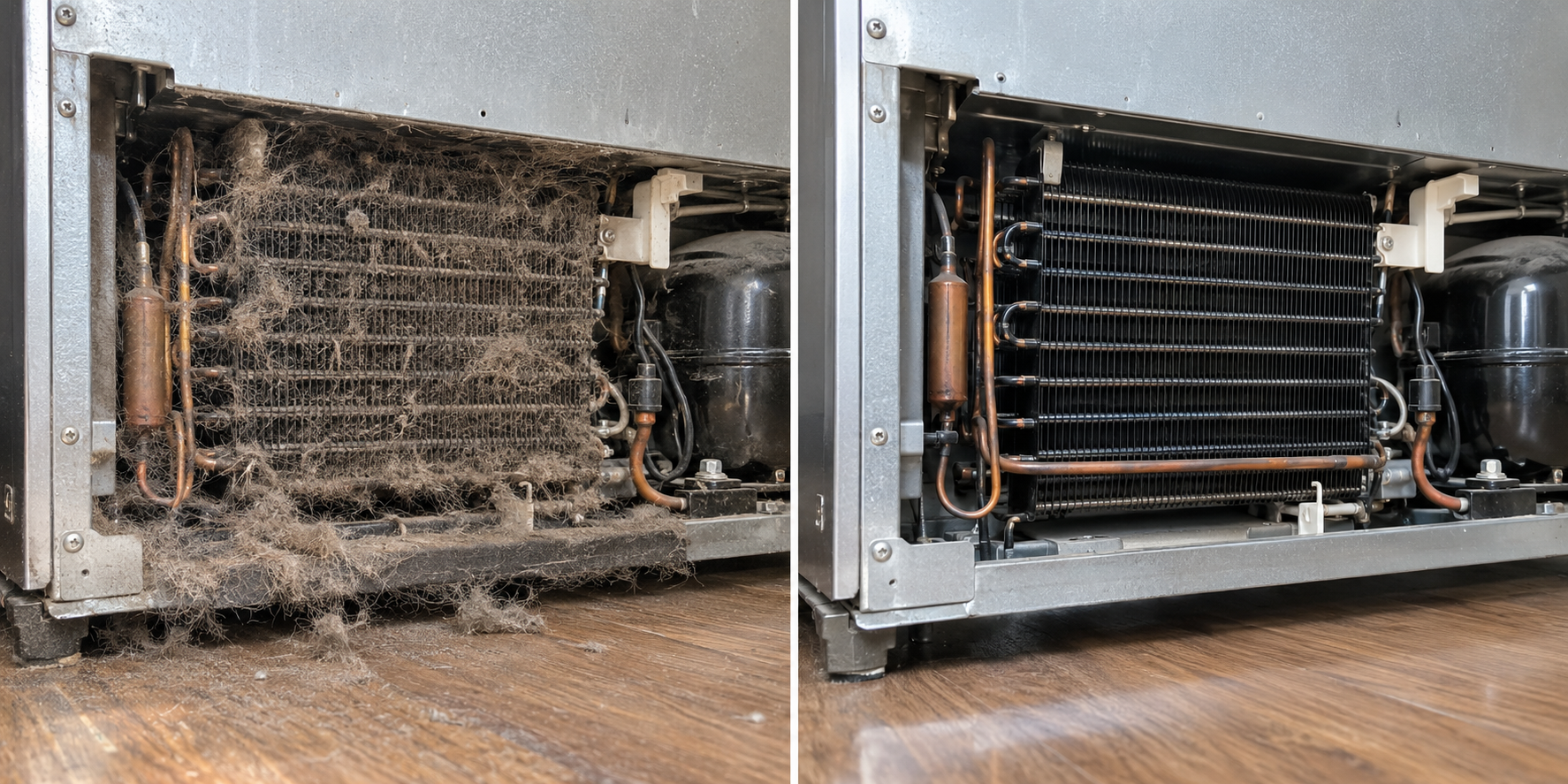 Refrigerator condenser coils before and after professional cleaning